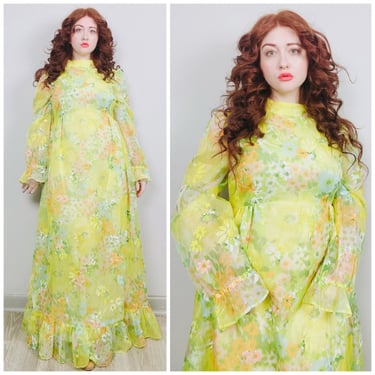 1970s Vintage Yellow Floral Flocked Prairie Dress / 70s / Sheer Sleeve High Neck Ruffled Maxi Gown / Size Large - XL 