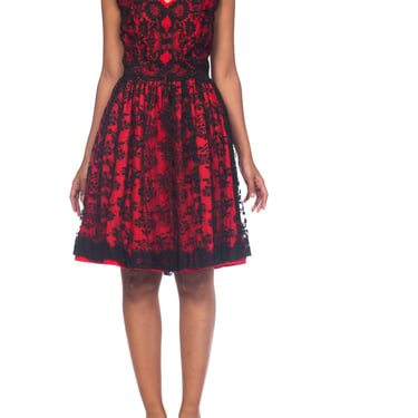 1950S Black & Red Cotton Sateen Chantilly Lace  Cocktail Dress 