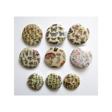 Vintage Nature Pinback Button - Retro Botanical Butterly Plant Mushroom Buttons - 1" Pin Badge 