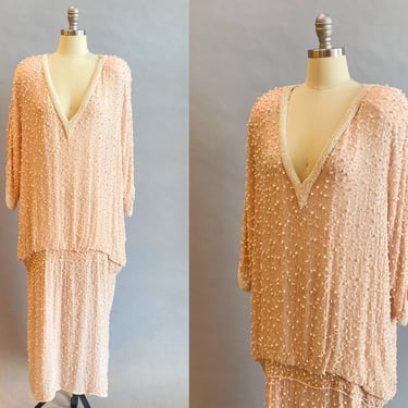 1980s Judith Ann Dress / 80s Pink Beaded Dress / 1980s Cocktail Dress / 1920s Style Dress / Great Gatsby Dress / Size Extra Large 