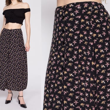 90s Black Floral Maxi Wrap Skirt - Medium to Large | Vintage Boho Grunge High Waisted Flower Print Long Summer Skirt 
