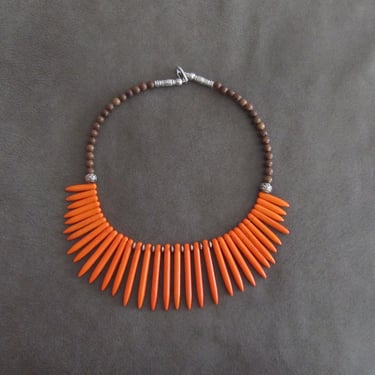 Orange bib necklace, statement necklace, bold African necklace, Afrocentric exotic necklace, tribal ethnic necklace, primitive silver 