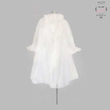 PEIGNOIR SET Saks Fifth Avenue, White Nylon Dress & Matching Jacket, Ruffles, Vintage Lingerie, Nighty Nightgown 1950's, 1960's Sweep 