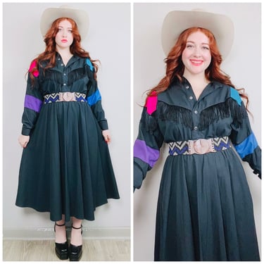 1980s Vintage Western Collection Color Block Rodeo Dress / 80s / Eighties Black Cotton Fringe / Fringed Western Dress / Large 