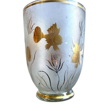 1930s Etched Glass with Gold Overlay Fishes Momumental Vase 