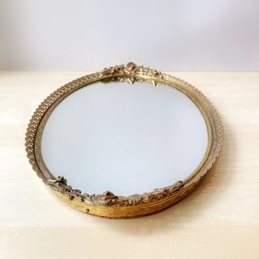 vintage gold ormolu oval mirror tray - rose handles filigree edge 