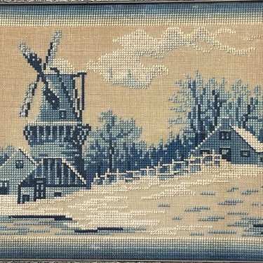 antique windmill needlepoint winter wall hanging Dutch monochromatic framed needlepoint 