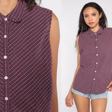 Plaid Sleeveless Shirt 90s Purple Checkered Tank Top Button Up Collard Shirt 1990s Grunge Top Vintage Normcore Basic Western Blouse 2XL XXL 