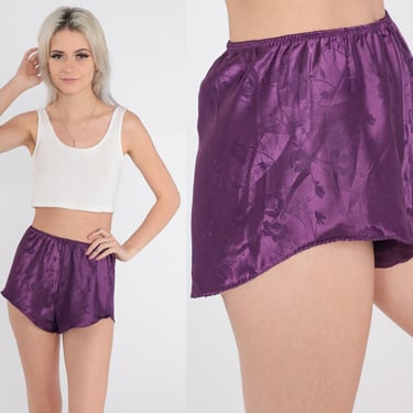 Satin Tap Shorts 80s Purple Floral Embossed Satin Lingerie Shorts Sleep Pajama Bottoms Sexy Silky PJs Vintage Retro Vintage 1980s Small S 