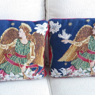 Vintage Christmas Angel Needlepoint Pillows - Two Vintage Christmas Angel Pillows 