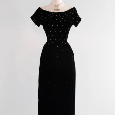 Stunning 1950's Black Velvet Rhinestone Galaxy Cocktail Dress / XS