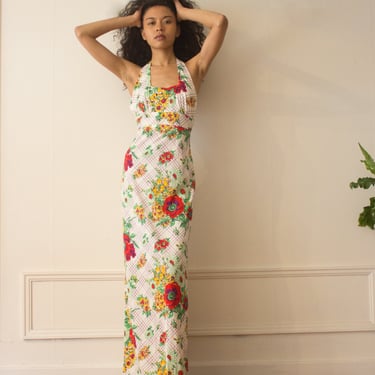 1970s Floral Print Jersey Halter Dress 