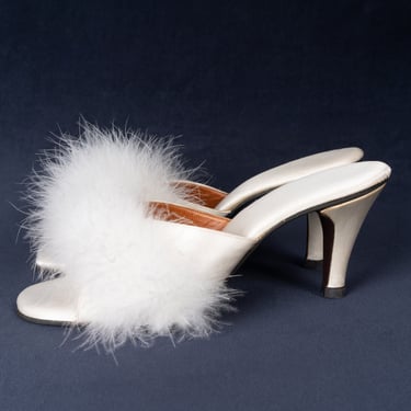 So Glamorous! Vintage 1960s Ivory Satin and Marabou Feather Bedroom Heels 