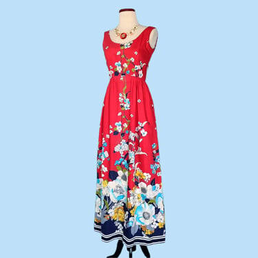 Vintage 70s Victor Costa Red Floral Maxi Dress, 1970s Empire Waist Long Cotton Sundress 