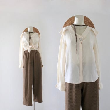 imperfect silk button top - s - vintage 80s 90s white ivory cream beige size small womens blouse long sleeve shirt 