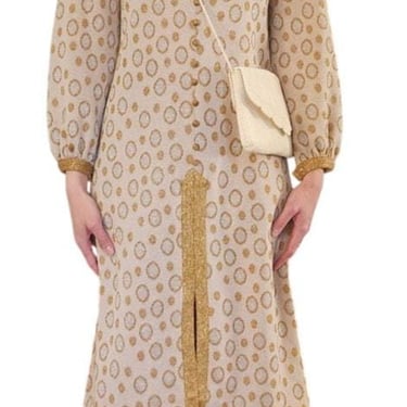 Vintage 60s Metallic Print Dress Beige Gold Tannel Knits / M 