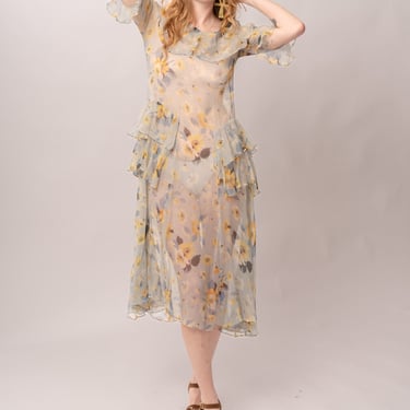 1930’s Sheer Dusty Blue Floral Tiered Silk Dress