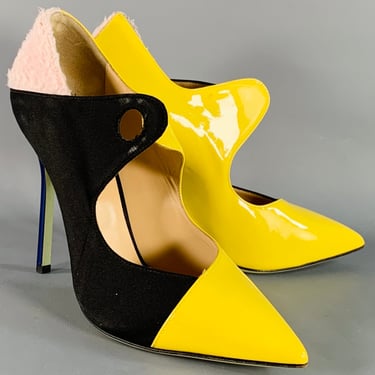 GIANNICO Size 8.5 Yellow Black Pink Color Block Mixed Fabrics Stiletto Pumps