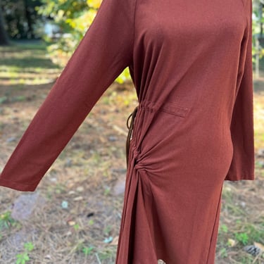Unique 1980s does 1940s Cinnamon Italian Wool Dress Great Details Side Cinch and Tie 34 Bust Vintage 