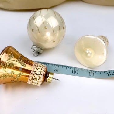 3 Set Mix Match Vintage Glass Ornaments | Cream & Gold | 1 Shiny Brite, 2 Krebs Bells 