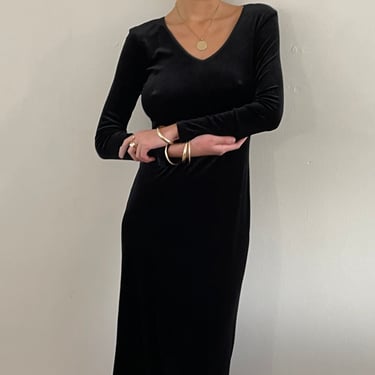90s stretch velvet maxi dress / vintage black stretch velvet v neck long sleeve pullover t shirt house dress | M 