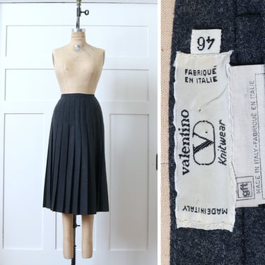 designer vintage VALENTINO pleated wool skirt • dark charcoal gray midi skirt 