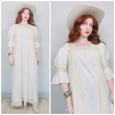 1970s Vintage Margarita Davis Cotton Gauze Dress / 70s / Seventies Cream Lace Puffed Sleeve Prairie Dress / Medium - Large 