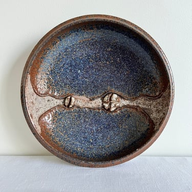 Midcentury Modern Danish 12" Decorative Ceramic Bowl, Abstract Blue and Brown Speckle Glaze, Vintage Rustic Art Pottery 