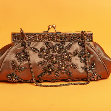 90s Antique Bronze Beaded Clutch Chain Strap Bag Vintage Ornate Filigree Flower Bead Handle Purse 