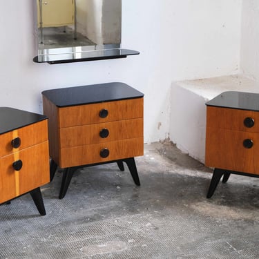 Set of two mid-century bedside tables and a chest of drawers with mirror 