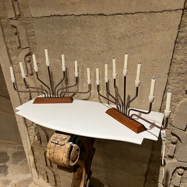 1960s Modernist Menorah Sculptural 7 Arm Table Lamp Pair Teak & Brass Parzinger 