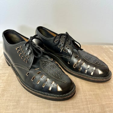 Men’s 1960’s black leather shoes / cut-outs lace up sandal type oxfords~ unusual design~ Size 10.5 Lg 