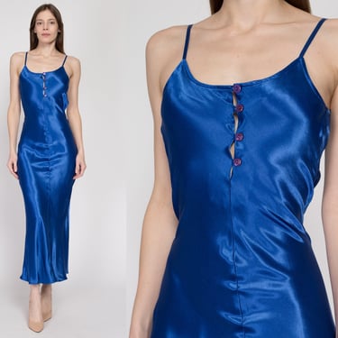 Small 80s Royal Blue Satin Slinky Bias Cut Slip Dress | Retro Vintage Negligee Maxi Nightgown 