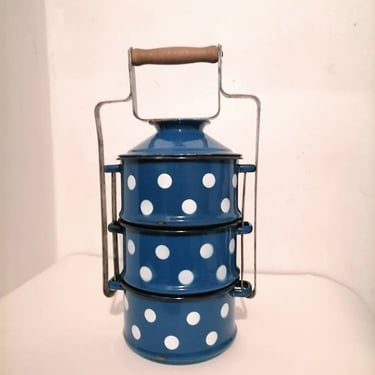 Vintage Enamel Box/ Three Tier Tiffin Lunch Box/ Food Carrier / EMO Yugoslavia / Blue Enamel Dish With Polka Dots/ 70s 