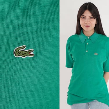 Lacoste Polo Shirt 80s Green Collared Shirt Izod Crocodile T-Shirt Retro Preppy Collar Top Basic Simple Plain Designer Vintage 1980s Medium 