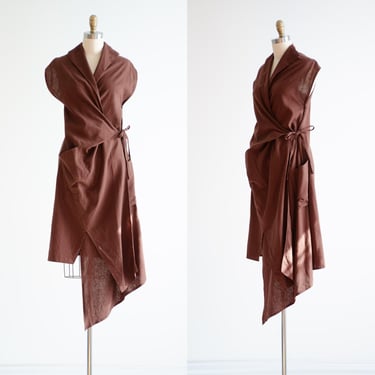 brown linen dress 90s y2k vintage avant garde asymmetrical sleeveless wrap dress 