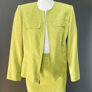 Oleg Cassini Reworked Skirt Suit Blazer Single Breasted Lined Zip Front Green Mini Two Piece Set M 