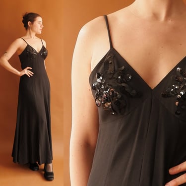 Vintage 70s Arlette Beressi Sequin Star Bust Dress/ 1970s French Boutique Black Strappy Maxi Dress/ Size medium 