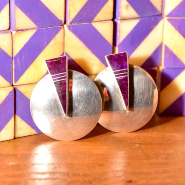 Signed Modernist Sterling Silver Round Disc Studs, Purple Stone Inlay, Chunky Geometric Design, 80s Style, 37mm 