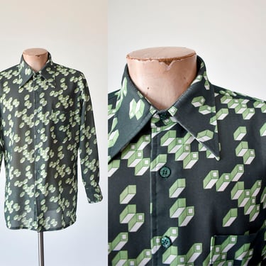 1970s Green Menswear Disco Shirt / Vintage Green Geometric Button Down / 1970s Menswear Button Up / Trippy 1970s Print Shirt / 70s Menswear 