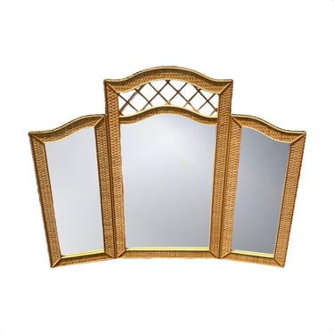 TriFold Dresser Vanity Mirror by Henry Link Wicker 59x47 - Vintage 3 Panel Coastal Rattan Furniture 