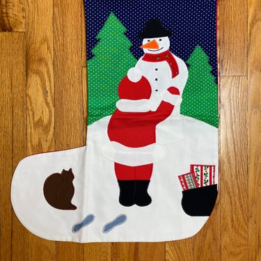Handmade in Scotland Holiday Christmas stockings large modern look 70’s 80’s quilt style sewing craft primary colorful assortm snowman & cat 