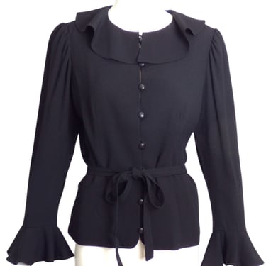 Yves Saint Laurent- 1970s Black Crepe Ruffle Blouse, Size 8