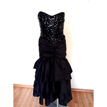 XS small 80s PROM DRESS vintage sequin prom dress, strapless black tie cocktail gown, long floor length,  sweetheart cut size small s 4 