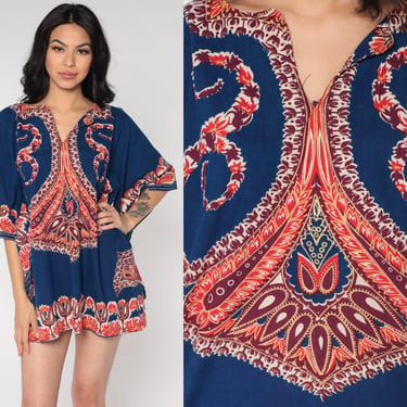 Dashiki Top 90s Navy Blue Tunic Top Bell Sleeve Blouse Hippie Shirt Summer Festival Cotton African Bohemian Red Vintage 1990s Extra Large xl 