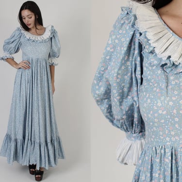Charming Blue Pilgrim Style Dress / Americana Inspired Homespun Clothing / Farm Life Chore Work Maxi 
