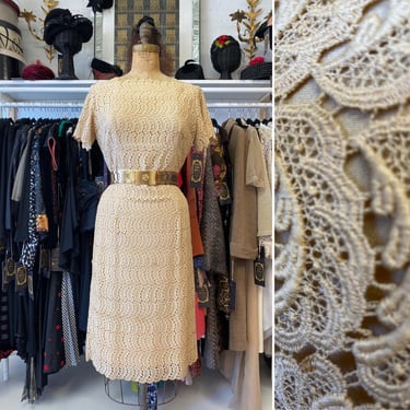 1950s beige lace suzy perette dress, M L, mrs maisel style, 50s designer fashion 