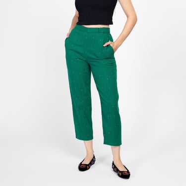 Medium 80s Green Rainbow Nep Trousers 31" | Retro Vintage High Waisted Tapered Leg Ankle Pants 