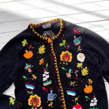 Thanksgiving sweater 90s y2k vintage Berek turkey pilgrim embroidered cardigan 