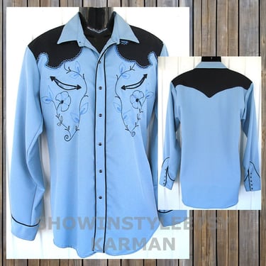 Karman Vintage Western Men's Cowboy, Rodeo Shirt, Medium Blue with Embroidered Floral Designs, XLarge Long Tail (see meas. photo) 